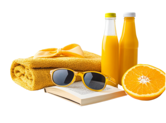 Beach towel, sunglasses and book with bottle of orange juice, all isolated on white background.
