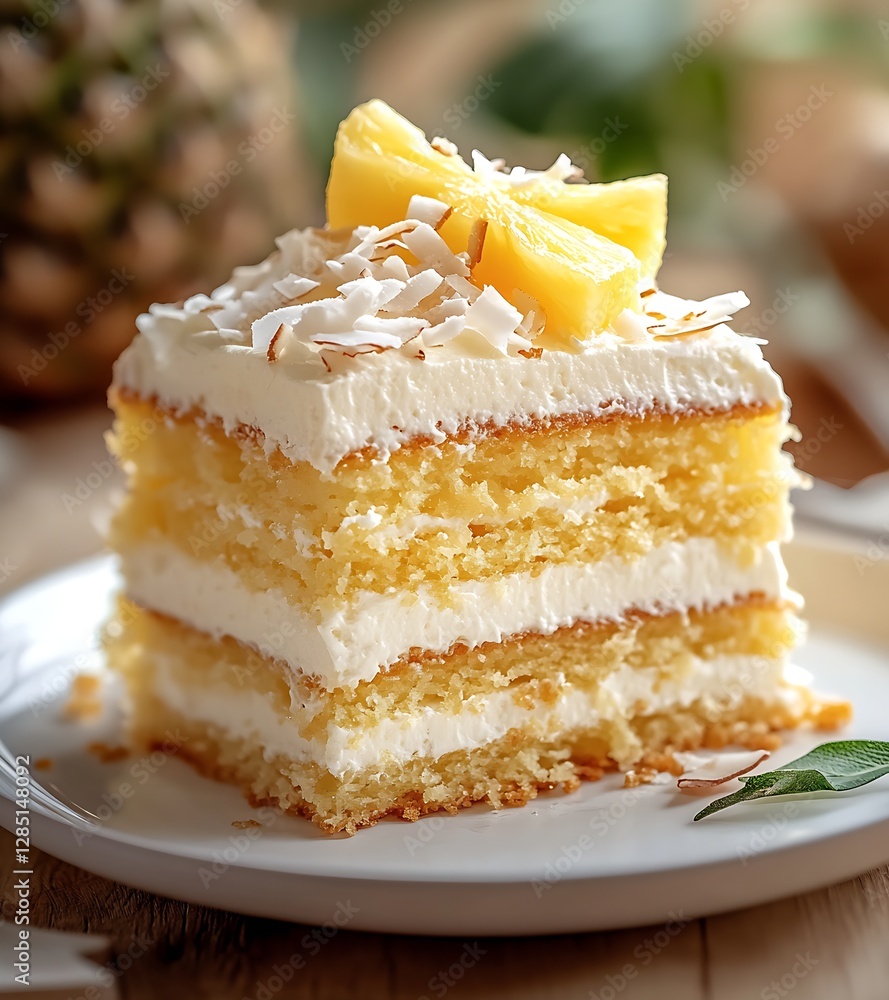 Poster Decadent slice of moist coconut pineapple layer cake adorned with fresh pineapple and cream : Generative AI