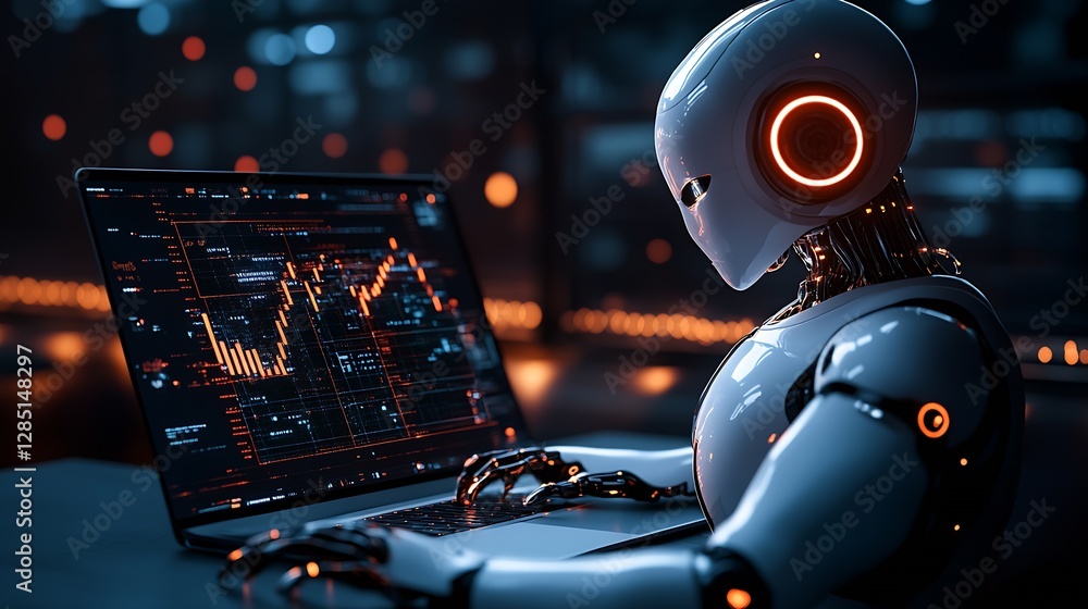 Aufkleber Intelligent robot focused on analyzing complex data through a modern laptop in a high-tech space : Generative AI