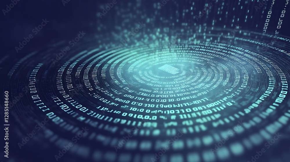 Poster Abstract digital representation of binary data forming concentric circles in a futuristic style.