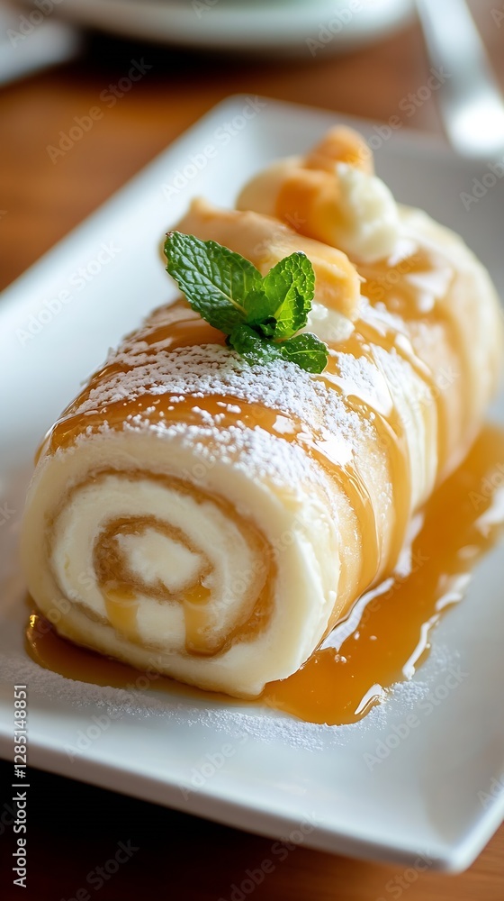 Poster Exquisite dessert roll positioned elegantly with a mint leaf and topped with sweet caramel syrup : Generative AI