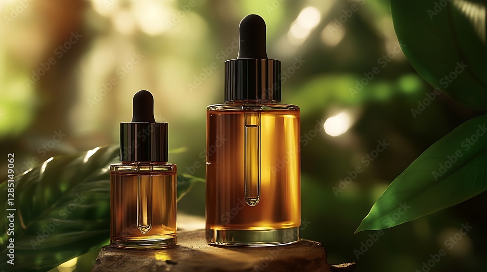 Poster artistic arrangement of two essential oil bottles enhanced by soft natural light and leafy backgroun