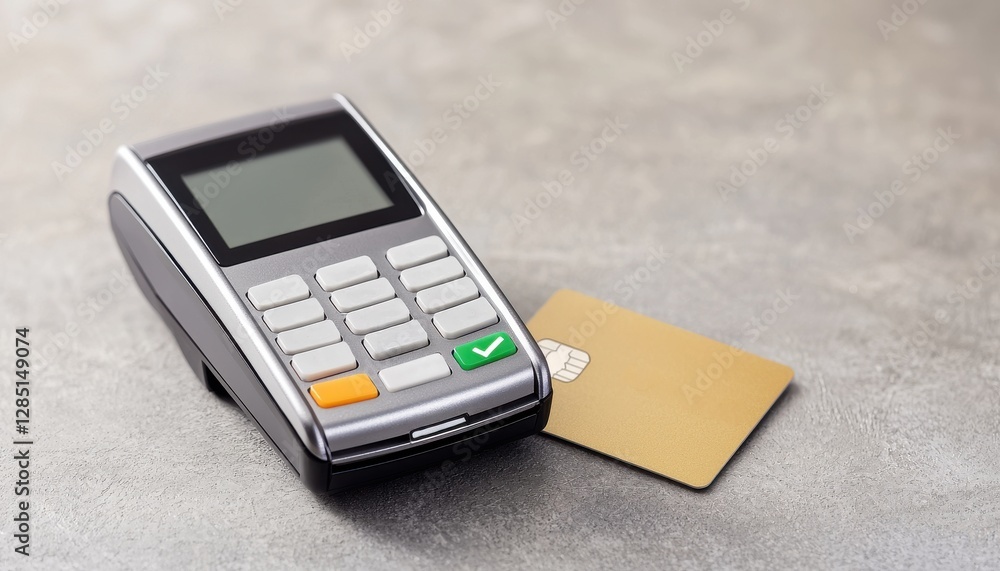 Poster financial inclusion payments growth concept. card reader with a credit card positioned next to it on