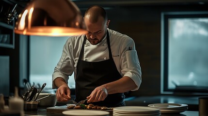 Professional chef preparing a gourmet dish in a modern restaurant kitchen environment : Generative AI