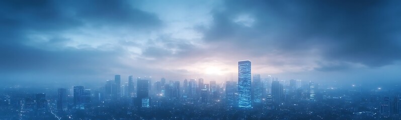 A panoramic cityscape under a dramatic blue sky with urban buildings illuminated by soft light.