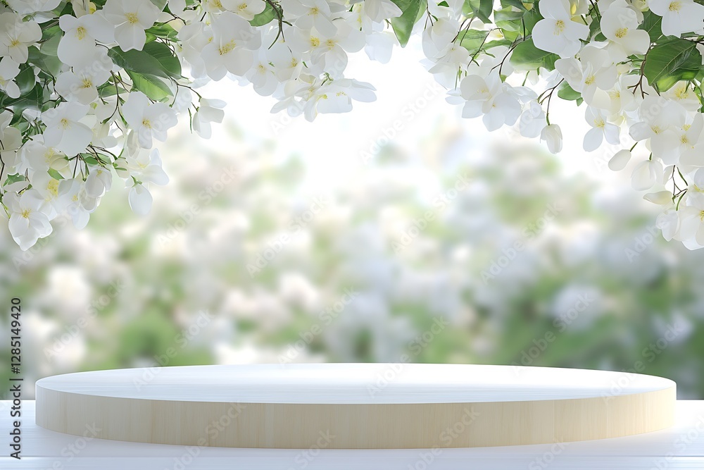Poster Charming wooden pedestal surrounded by delicate white flowers creating a serene display scene : Generative AI