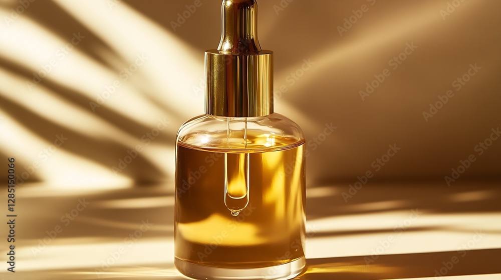 Poster stylish dropper bottle containing rich golden oil gracefully illuminated by soft shadows : generativ