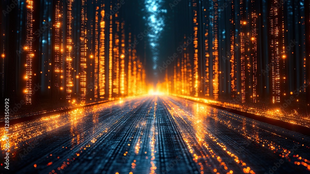 Poster an abstract digital forest illuminated with orange light data streams