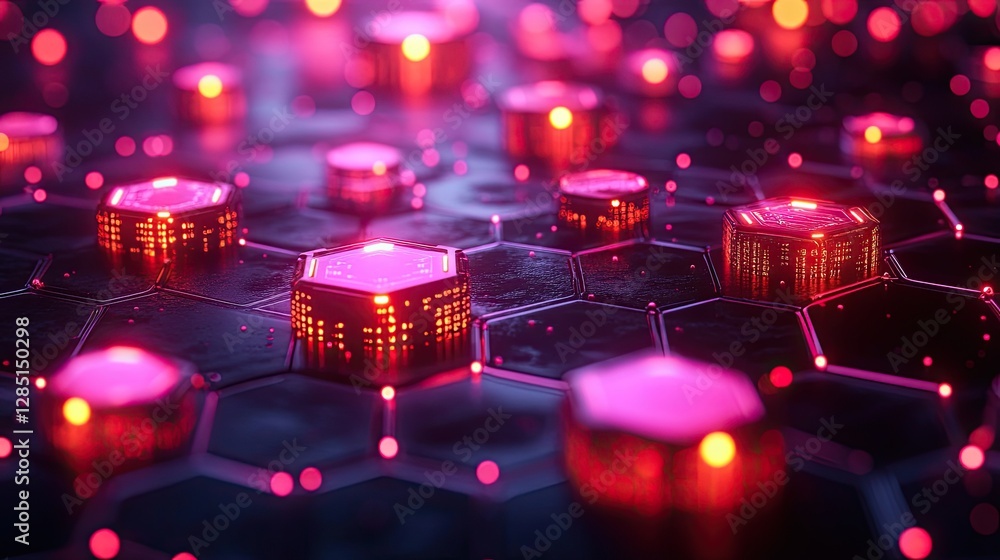 Poster illuminated technology components forming a futuristic digital data network