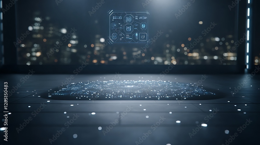 Poster Futuristic digital interface floating above a high-tech floor with city lights in the background.