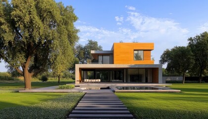 Fototapeta premium Modern orange-and-white house with large windows. Low-angle view across striped lawn shadows and walkway. Calm progress and confident lifestyle. For real estate listings and architecture