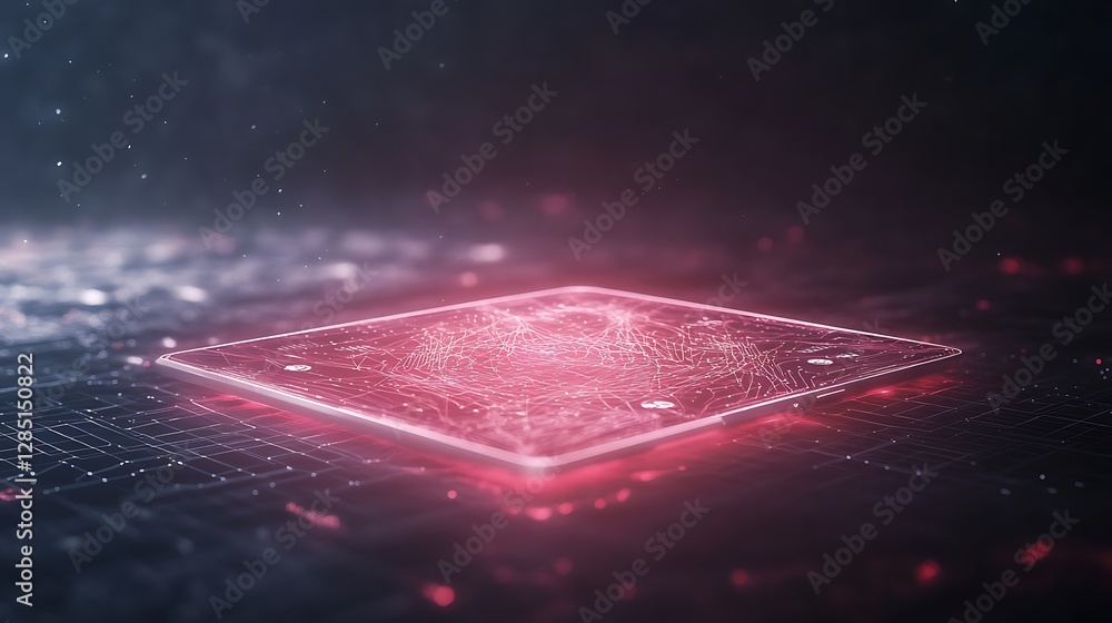 Aufkleber a glowing digital chip surrounded by particles in a futuristic setting.