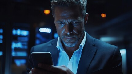 Businessman focused on smartphone in a modern office setting