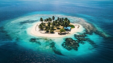 Drone shot of a secluded tropical island with lush palm trees and a beach surrounded by vibrant turquoise water : Generative AI