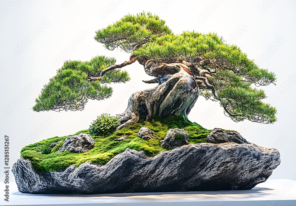 Poster Beautiful bonsai tree elegantly resting on a rugged rock adorned with soft green moss and intricate branches : Generative AI