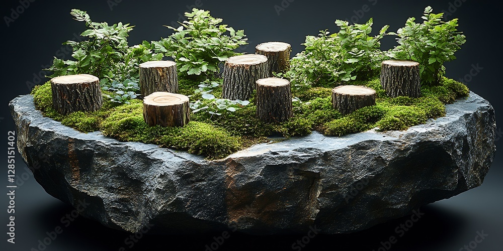 Poster artful composition of tree stumps and greenery on a rocky surface creating a natural landscape vibe 