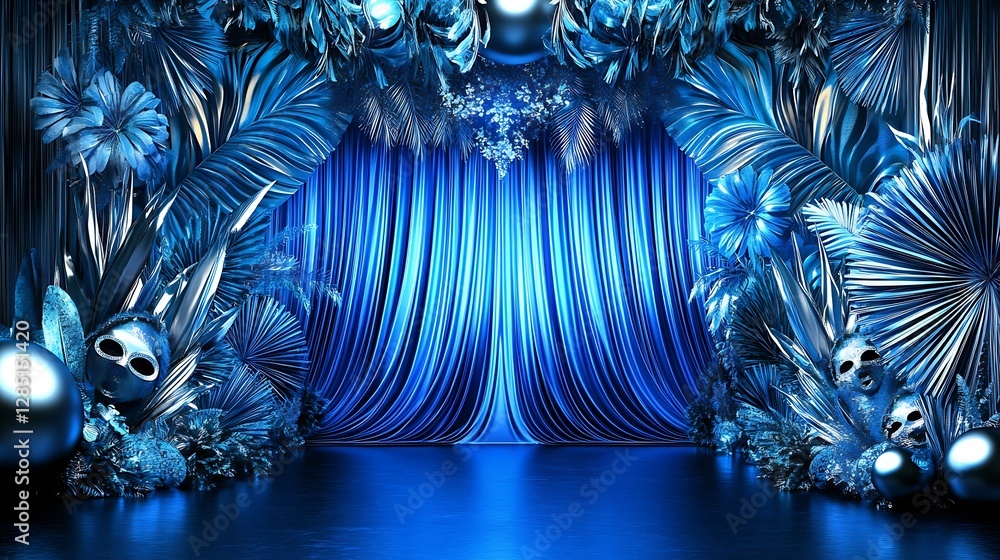 Poster Sophisticated Blue Stage Design with Lush Foliage and Eye-Catching Elements for Events : Generative AI