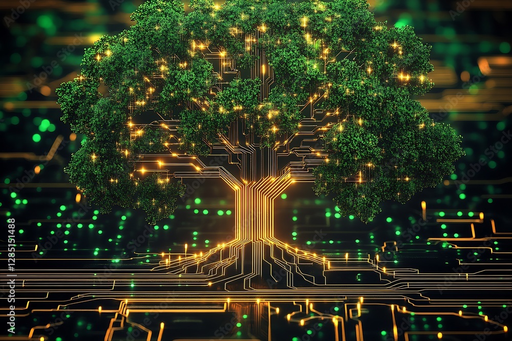Aufkleber stylized tree image with vibrant foliage representing technology and nature fused together beautiful