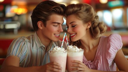 Young couple sharing milkshakes in a retro diner