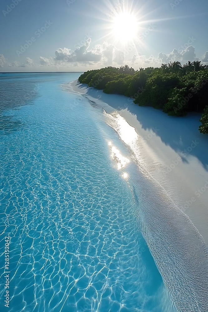 Aufkleber stunning aerial view of a serene beach with sparkling blue waters and lush trees : generative ai