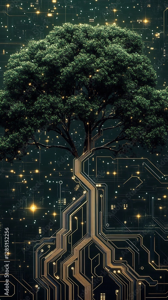 Leinwandbilder Lush green tree symbolizing nature interwoven with colorful digital circuits and sparkles of light : Generative AI