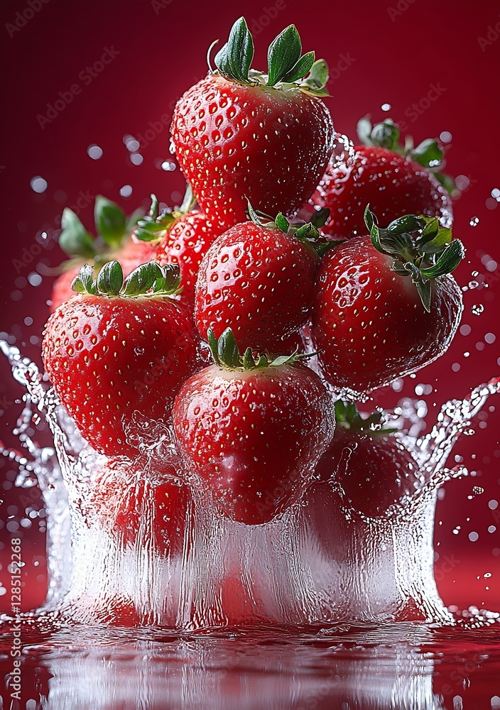 Poster Close-up of strawberries splashing in water creating an eye-catching visual of freshness and vibrancy in red : Generative AI