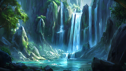 Towering waterfalls cascade over rocky cliffs into an emerald jungle lagoon 