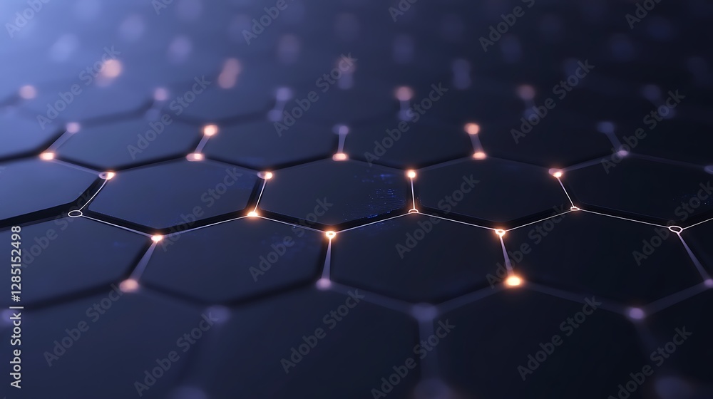 Poster abstract hexagonal pattern with glowing nodes on a dark background, conveying technology and innovat