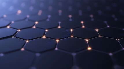 Obraz premium Abstract hexagonal pattern with glowing nodes on a dark background, conveying technology and innovation.