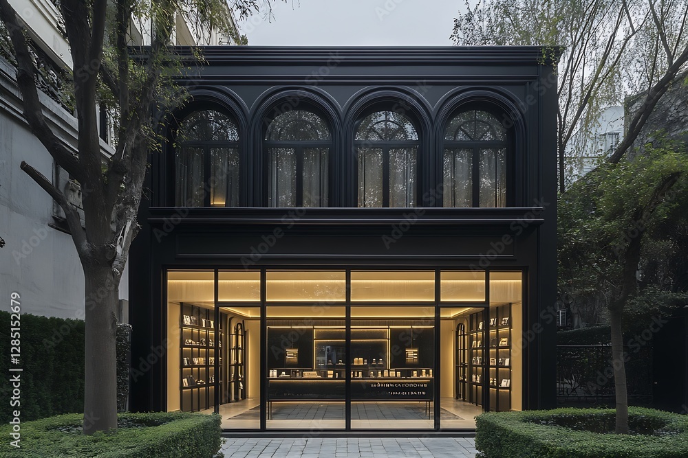 Fototapete contemporary black building showcasing tall arched windows and inviting illuminated storefront desig