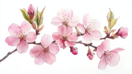 A delicate watercolor painting of cherry blossoms on a branch, showcasing nature's beauty.