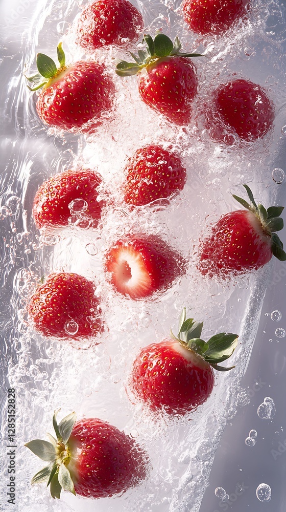 Poster Fresh and Juicy Strawberries Splashing in Water Creating an Inviting and Refreshing Scene : Generative AI