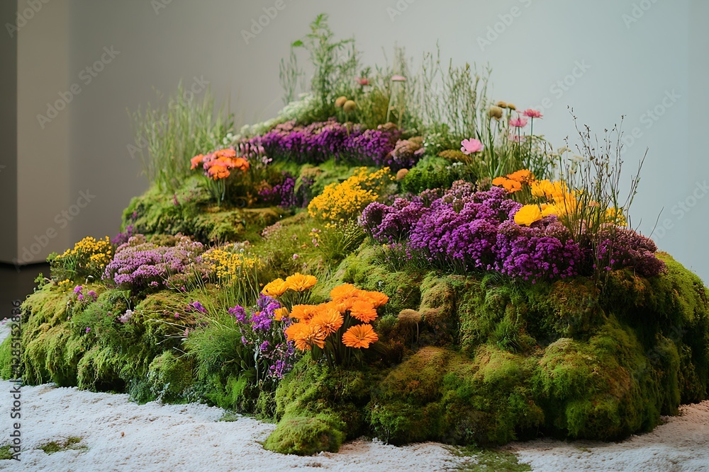 Poster Artistic representation of a mossy hill showcasing an array of vibrant flowers against a light background : Generative AI
