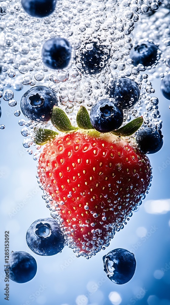 Poster Fresh Strawberries and Blueberries Bubbles in Sparkling Water Creating a Refreshing Healthy Drink Image : Generative AI