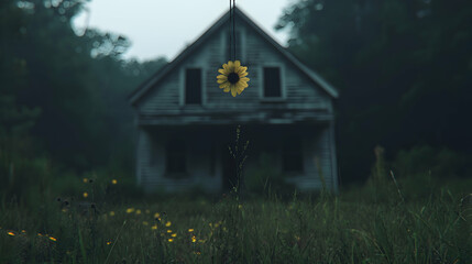 Lone flower before abandoned house, misty woods