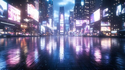 Obraz premium Vibrant cityscape at night with illuminated billboards reflecting on wet pavement.