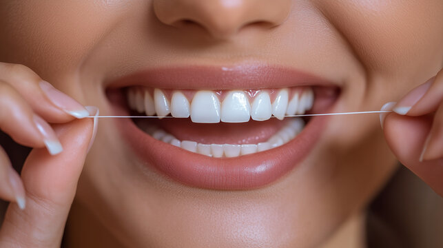 Woman flossing her white teeth with dental floss. International Dentist&rsquo;s Day concept