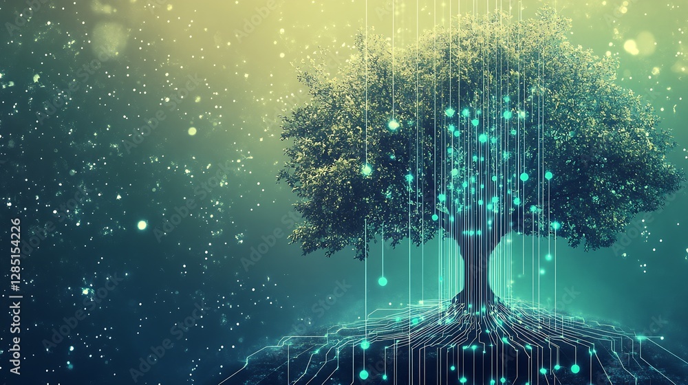 Fototapete Captivating digital art featuring a technology-infused tree representing the fusion of nature and the digital realm with depth and beauty : Generative AI