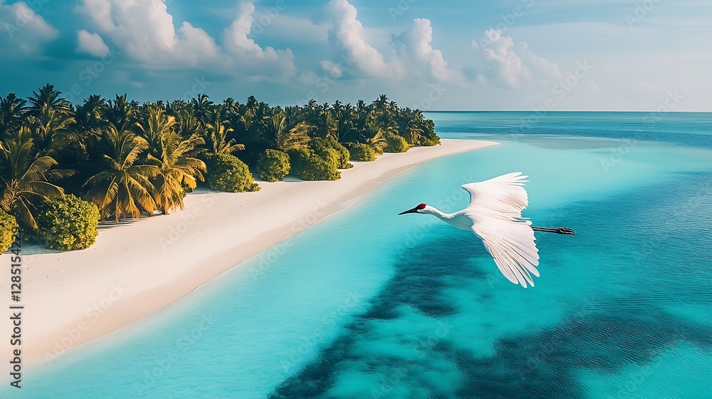 Poster mesmerizing aerial view of a calm beach and a graceful bird in mid-flight : generative ai