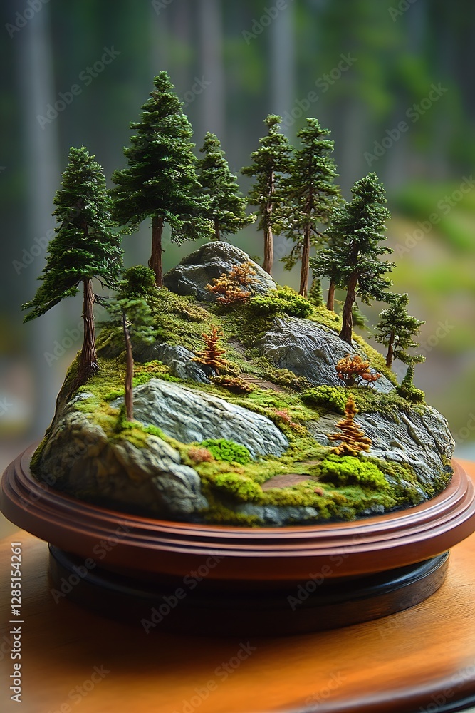 Poster beautifully crafted miniature forest scene featuring detailed trees and rocky terrain resting on a c