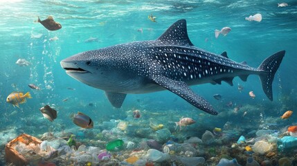 Fototapeta premium Majestic Swimming Whale Shark Among Colorful Marine Life and Underwater Debris