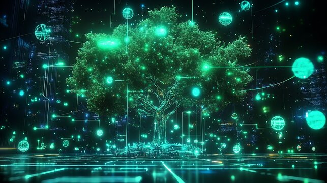 Mesmerizing digital tree illuminated by glowing icons in a futuristic cyber landscape : Generative AI