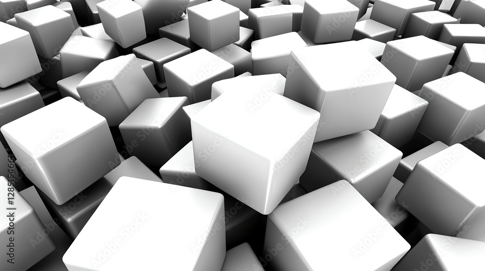 Poster dynamic white cubes arrangement abstract setting 3d graphics modern environment overhead view visual