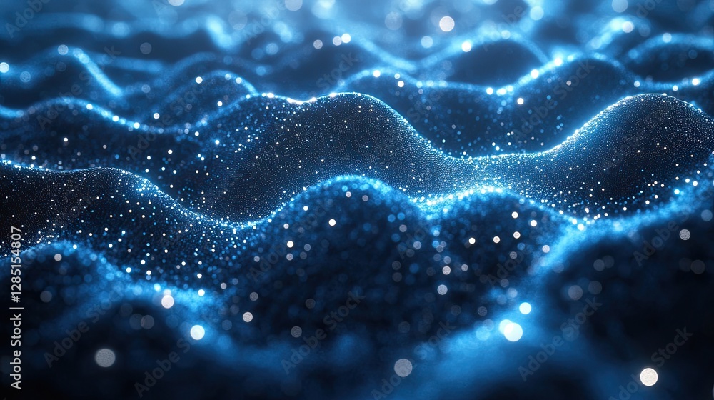 Poster the illuminated particles create waves across abstract blue backgrounds