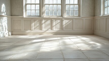 Fototapeta premium Sunlit Room Interior Elegant White Walls Paneled Walls Stone Floor Mockup Background