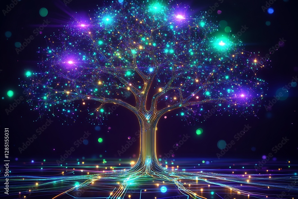 Poster mesmerizing digital tree artwork featuring colorful lights and intricate geometric shapes : generati