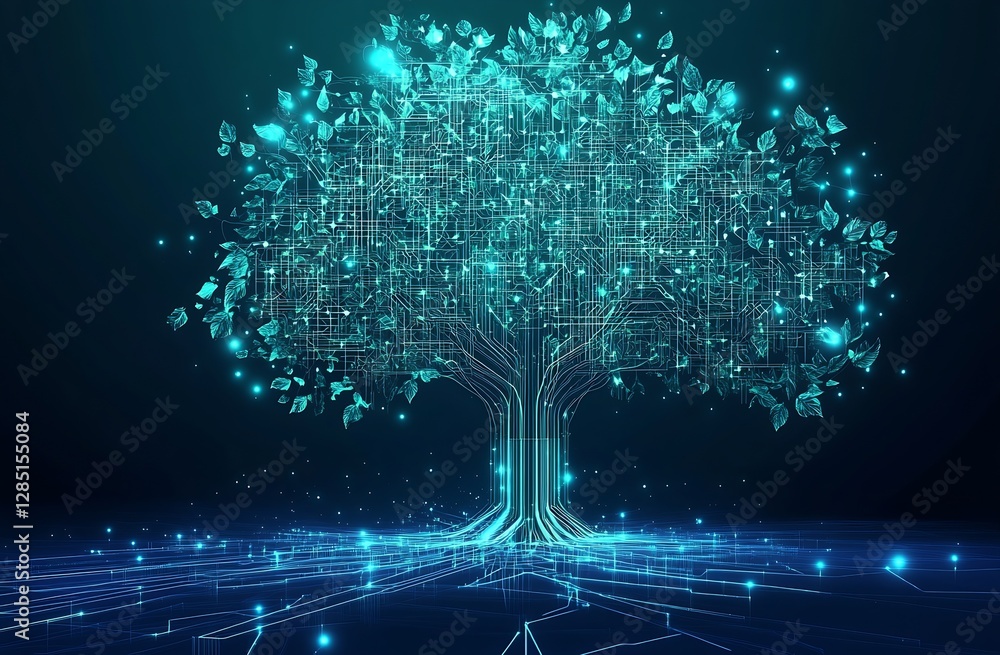 Poster Illuminated digital tree with intricate circuit details symbolizing technological growth : Generative AI