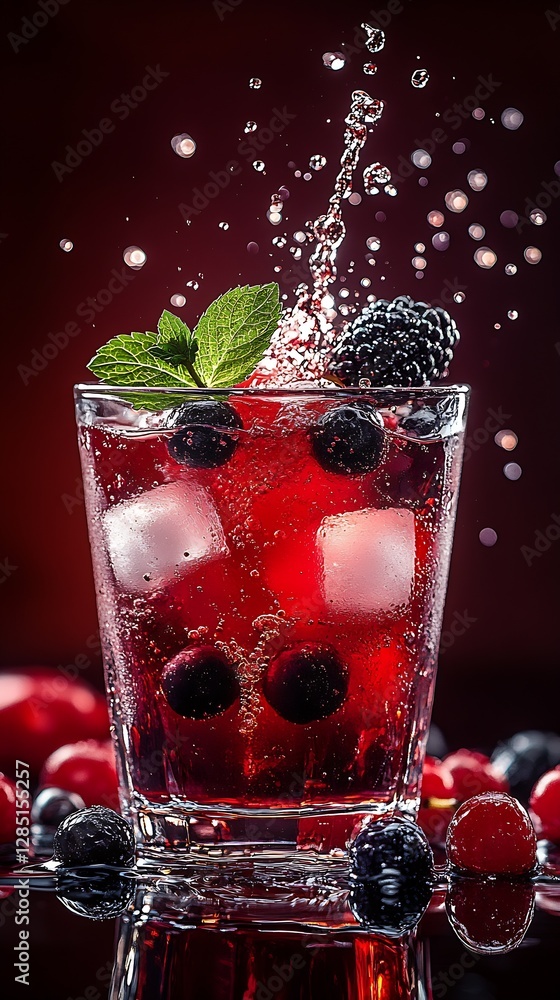 Aufkleber sparkling berry beverage with ice cubes creating bubbles in a clear glass full of fresh fruits : gen