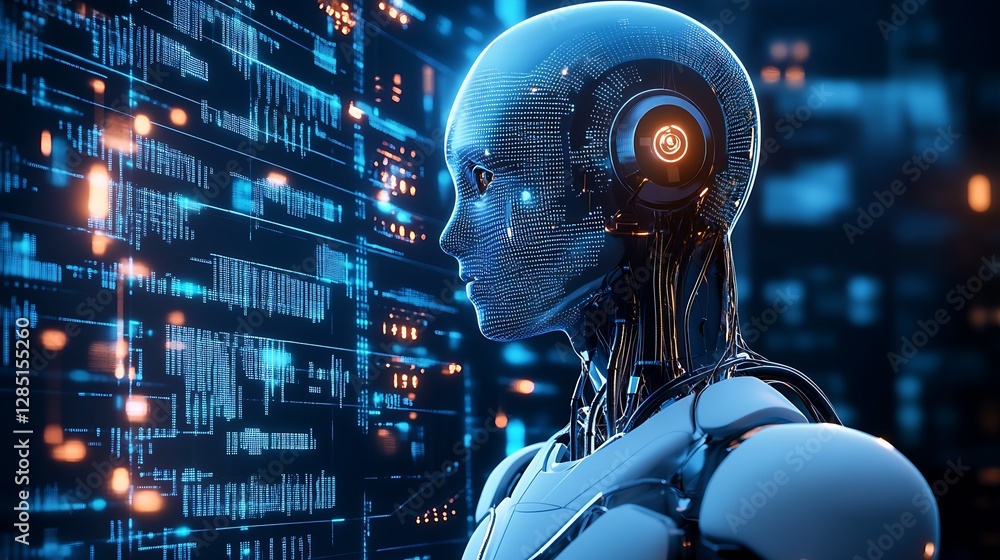 Fototapete Futuristic humanoid robot concept with digital interface depicting advanced technology and AI interaction : Generative AI