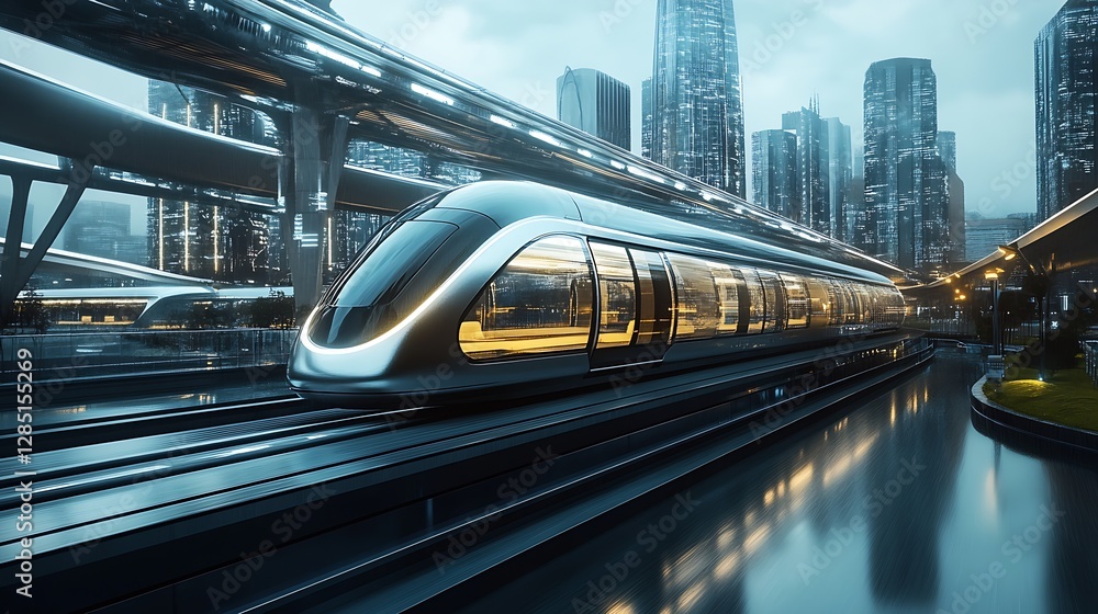 Aufkleber futuristic high-speed train gliding through a sleek cityscape with modern skyscrapers : generative a